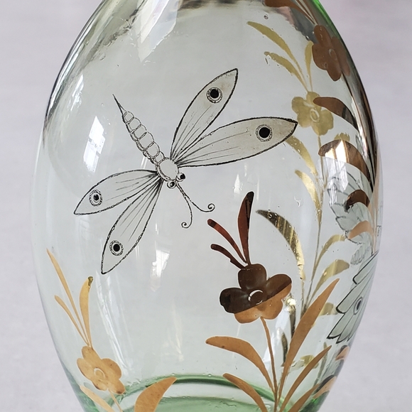 Delicate Glass Decanter with 3 Glasses. Handpainted Butterfly, Dragonfly, Gold - Picture 3 of 13